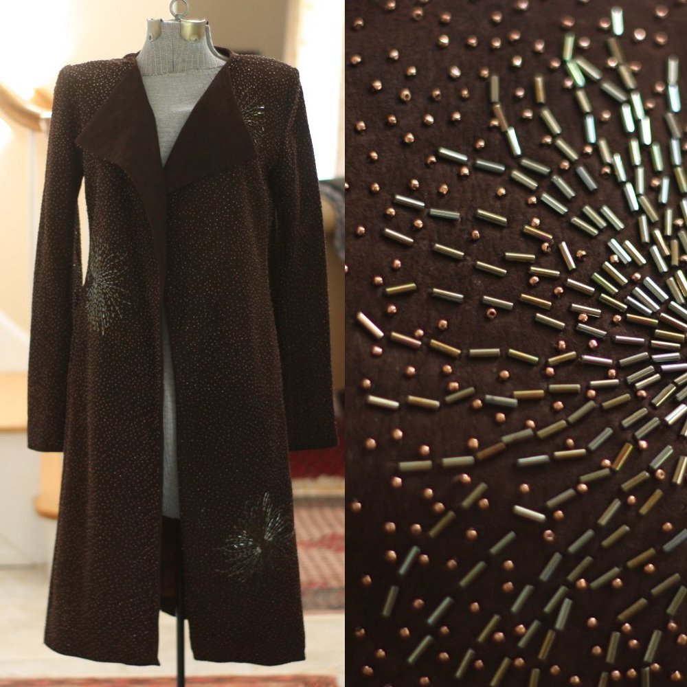 BCBGMaxAzria Brown Beaded Wool-Blend Long Coat